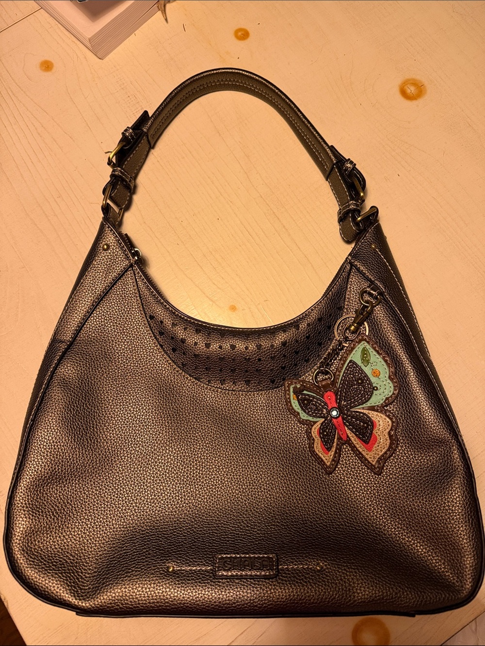 Chala Brown Hobo Bag with Colorful Butterfly Charm